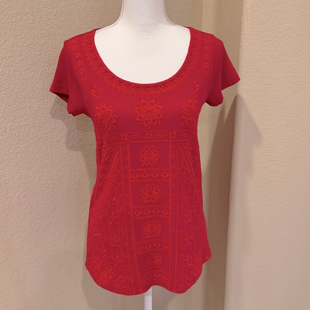 Lucky Brand Dark Pink Embroidered Short Sleeve Shirt - Picture 7 of 16